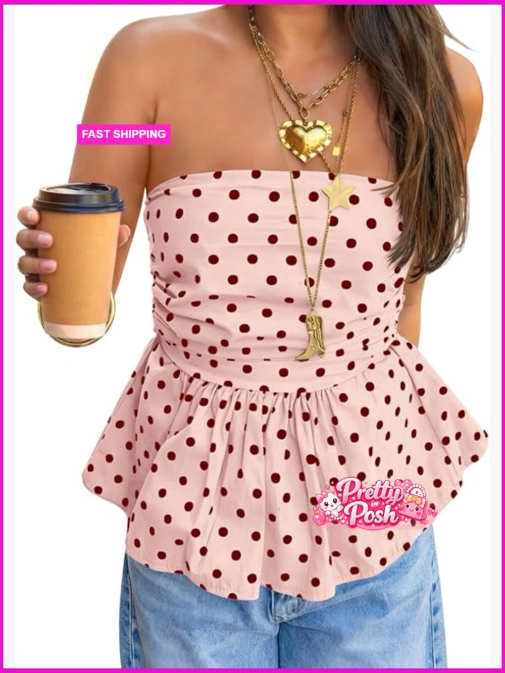 Slim Fit Strapless Polka Dot Tube Top with Ruffle Hem Backless